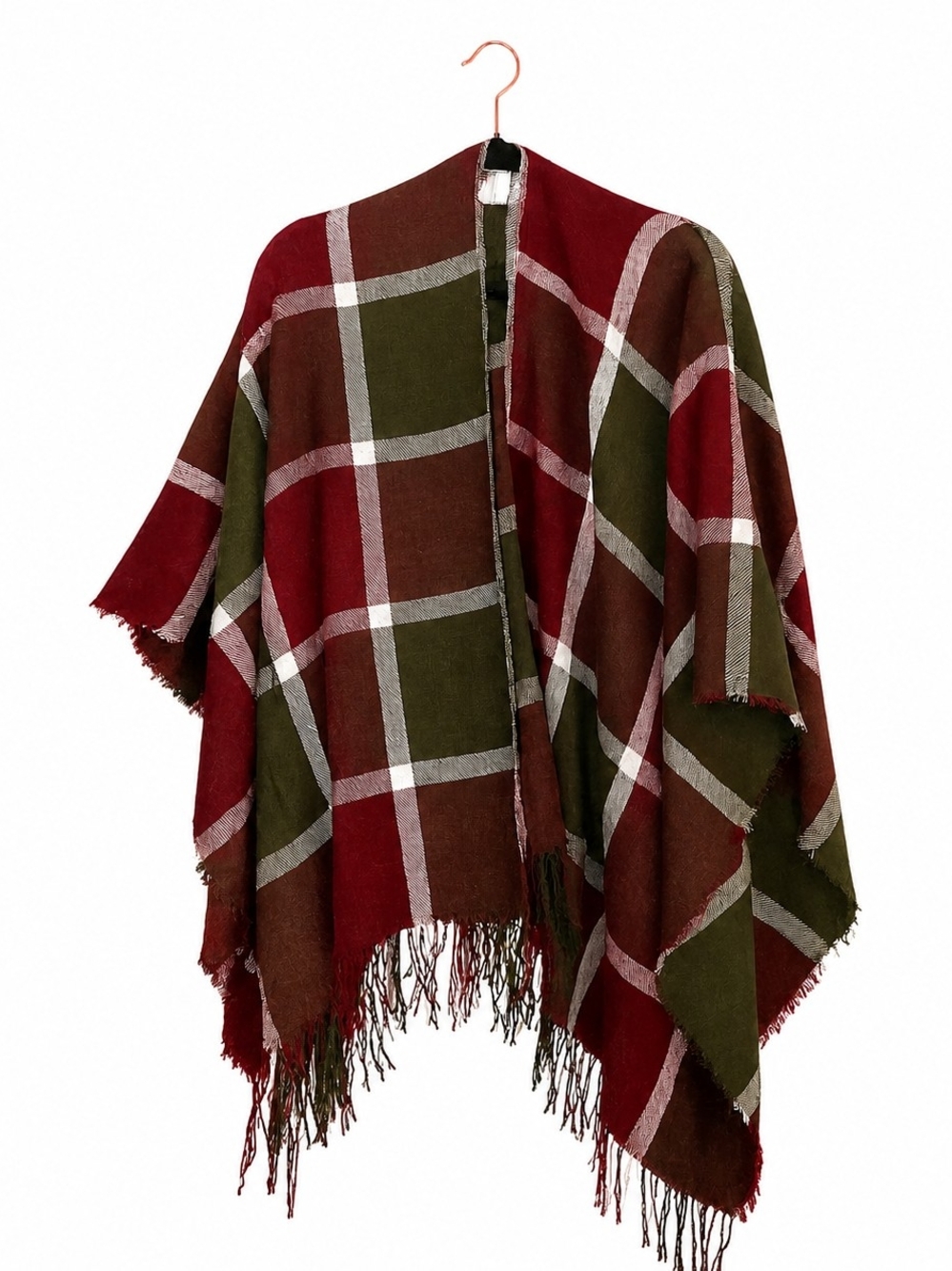 Pinklicious Plaid Fringe Poncho Wrap in Olive & Burgundy